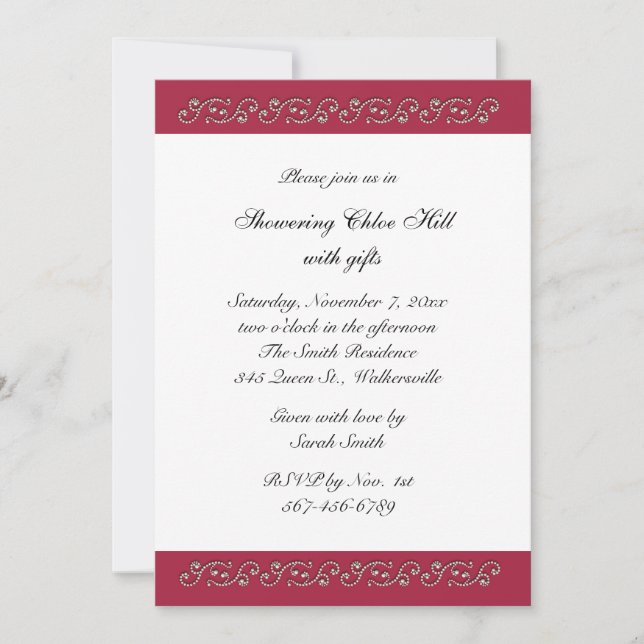 Invitation Fête de la mariée rouge de rouge et de perles (Devant)