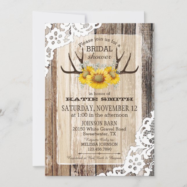 Invitation Fête de la mariée rustique d'andouillers en bois (Devant)
