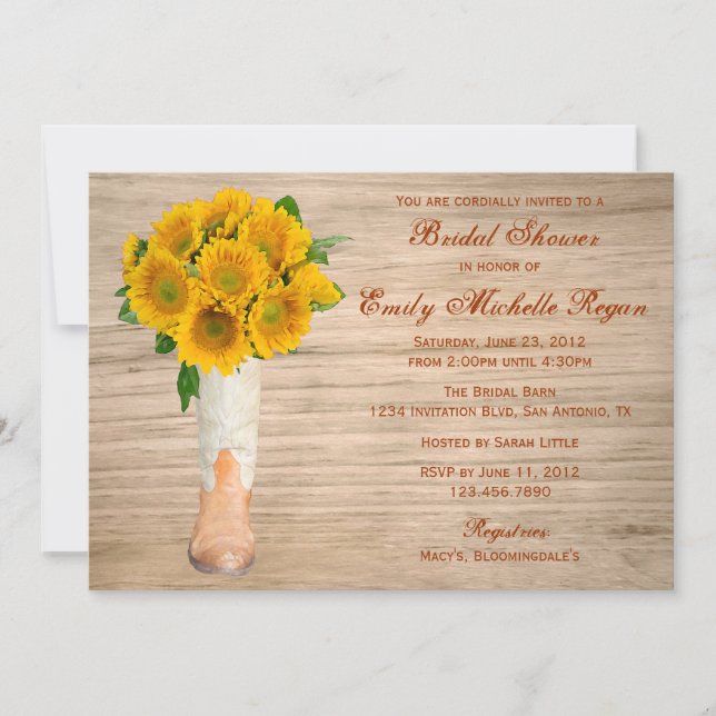 Invitation Fête de la mariée rustique de bottes et de (Devant)