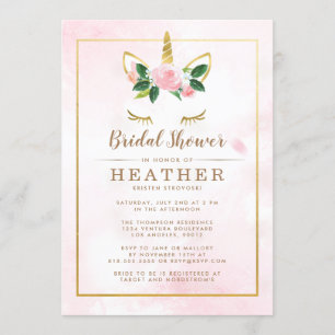 Invitation Fête de la mariée simple de licorne de rose et