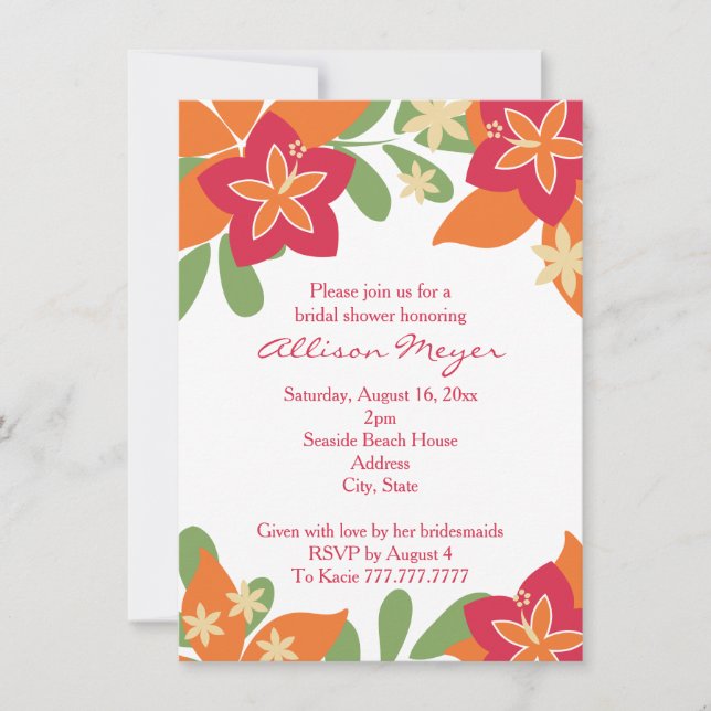 Invitation Fête de la mariée tropicale orange rose de fleur (Devant)