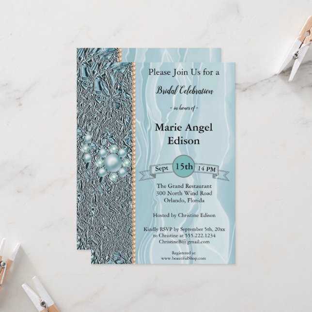 Invitation Fête de la mariée Turquoise Blue Foil & Silk & Pea (Devant/Arrière en situation)