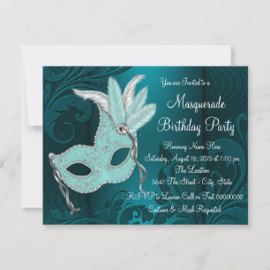 Invitation Fête de la mascarade bleue Turquoise