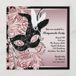 Invitation Fête de la mascarade noire noire rose