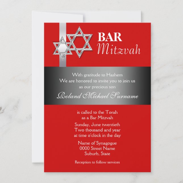 Invitation Fête de la mitzvah rouge grise (Devant)