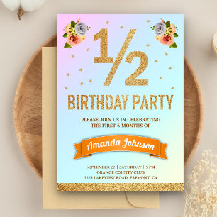 Invitation Fête de la moitié d'anniversaire Fleur Glitter Or