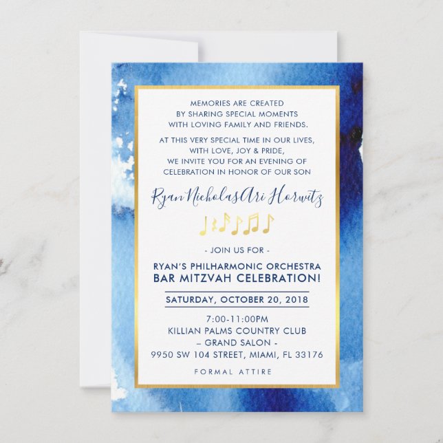 Invitation FÊTE DE LA MUSIQUE or couleur bleu clair (Devant)