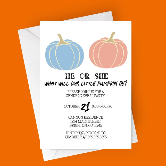 Invitation Fête de la petite Citrouille Halloween (Little Pumpkin Gender Reveal Party Invitation, Halloween Themed with Solid Blue and Pink Pumpkins)