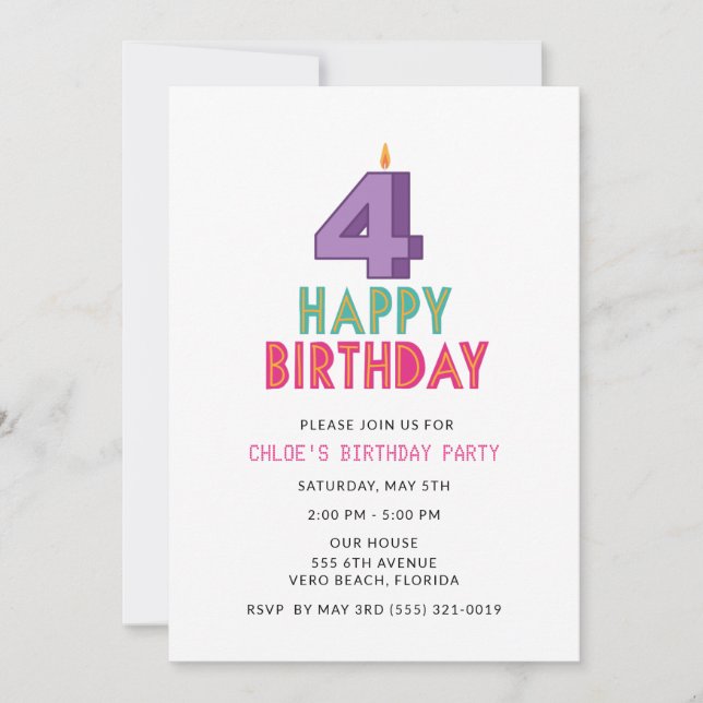 Invitation Fête de la photo de la fête du 4e anniversaire de  (Devant)