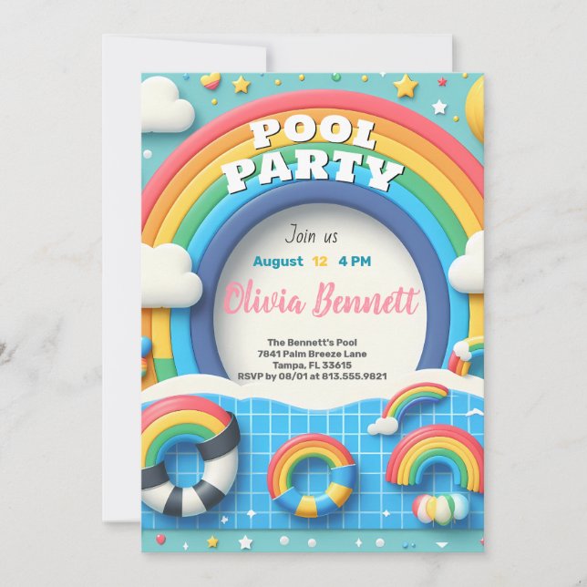 Invitation Fête de la piscine arc-en-ciel modifiable Annivers (Devant)