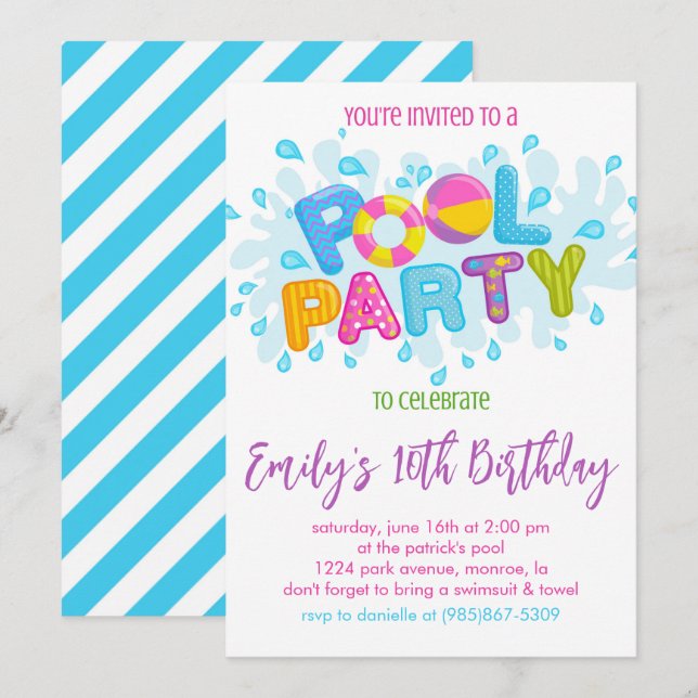 Invitation Fête de la piscine d'anniversaire (Devant / Derrière)