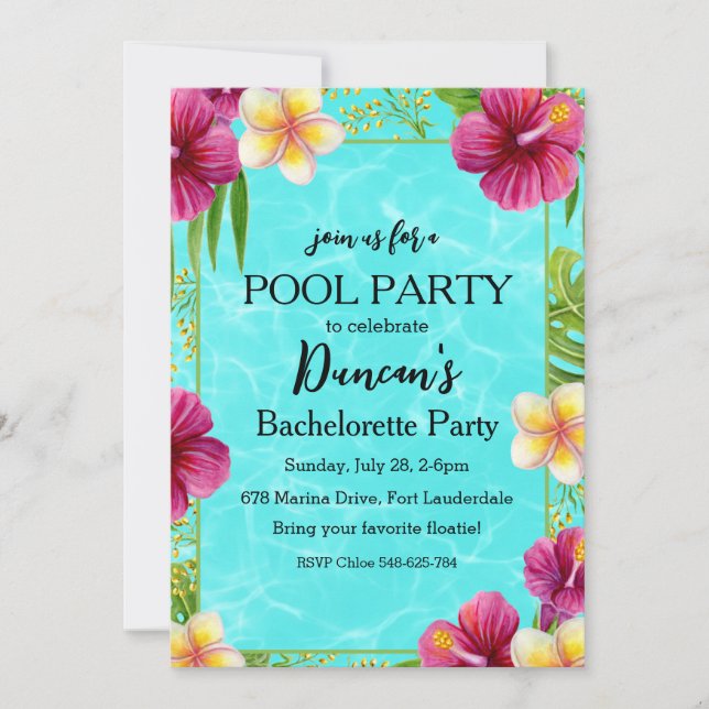 Invitation fête de la piscine de bachelorts tropicaux (Devant)