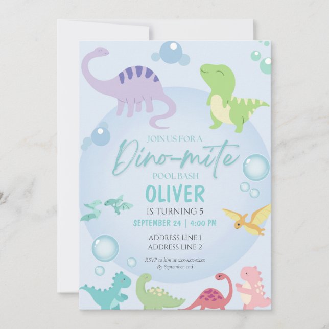 Invitation fête de la piscine de dinosaure (Devant)