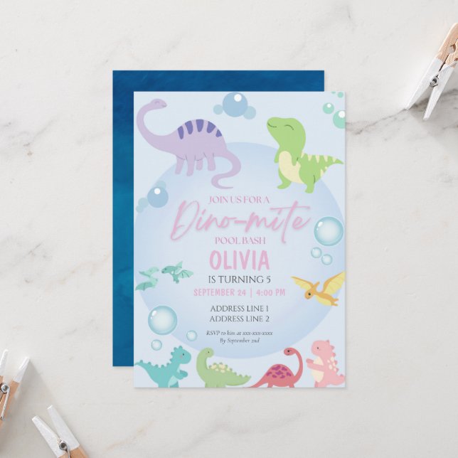 Invitation fête de la piscine de dinosaure (Devant/Arrière en situation)