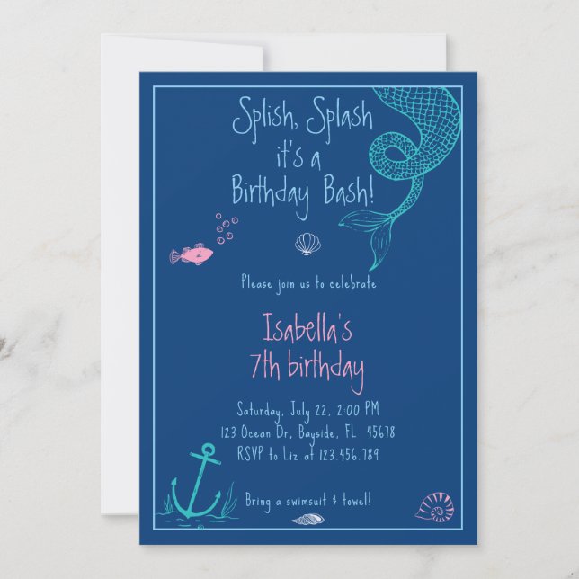 Invitation Fête de la piscine de filles de sirène à éclabouss (Devant)
