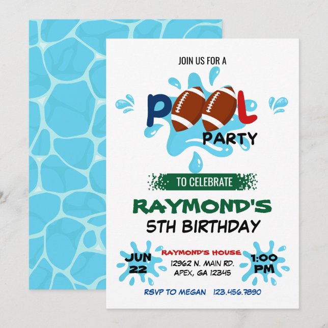 Invitation Fête de la piscine de football Anniversaire (Devant / Derrière)