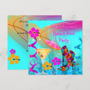 Invitation Fête de la piscine de plage Été rose Turquoise