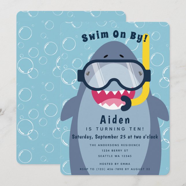 Invitation Fête de la piscine de requin mignonne Anniversaire (Devant / Derrière)