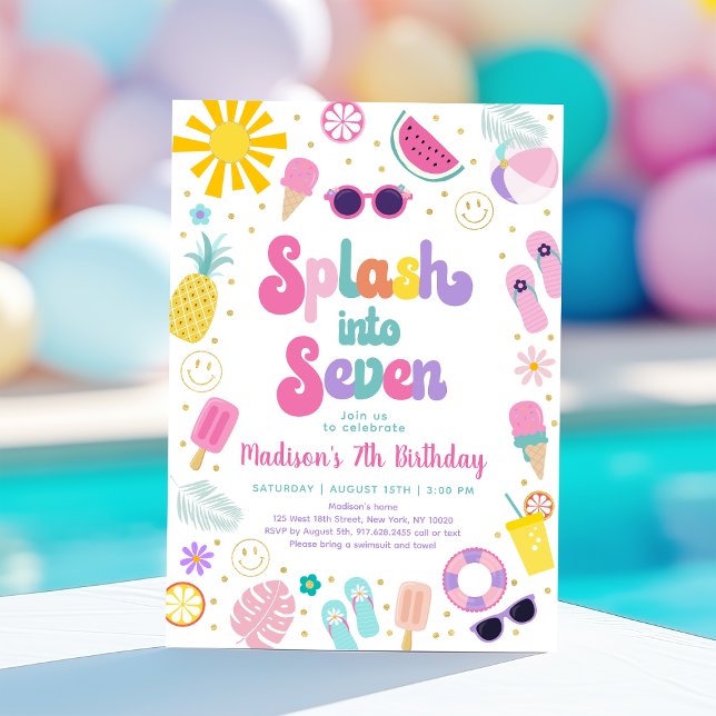 Invitation Fête de la piscine de sept filles Anniversaire été (Créateur téléchargé)