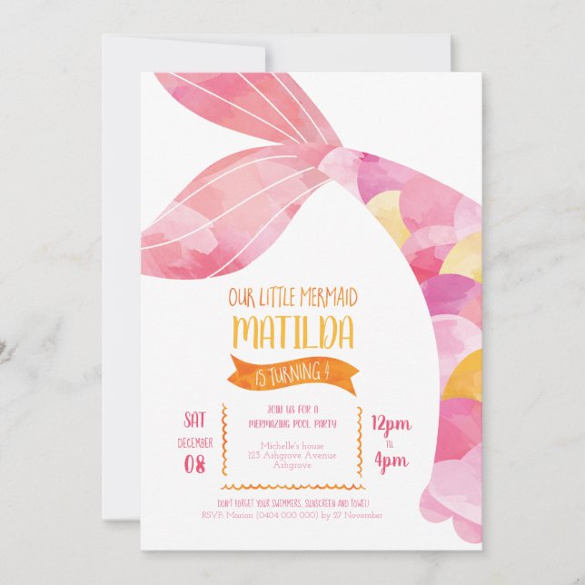 Invitation Fête de la piscine de sirène orange et rose (Devant)