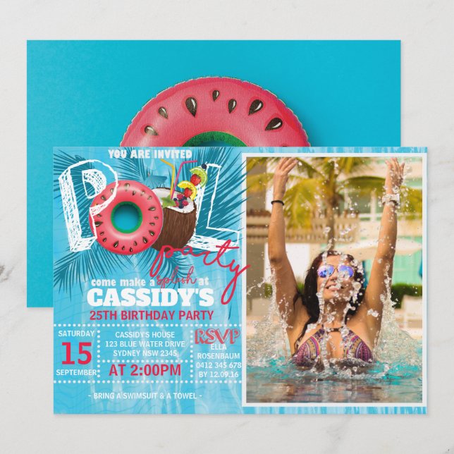 Invitation Fête de la piscine d'été Photo Anniversaire (Devant / Derrière)
