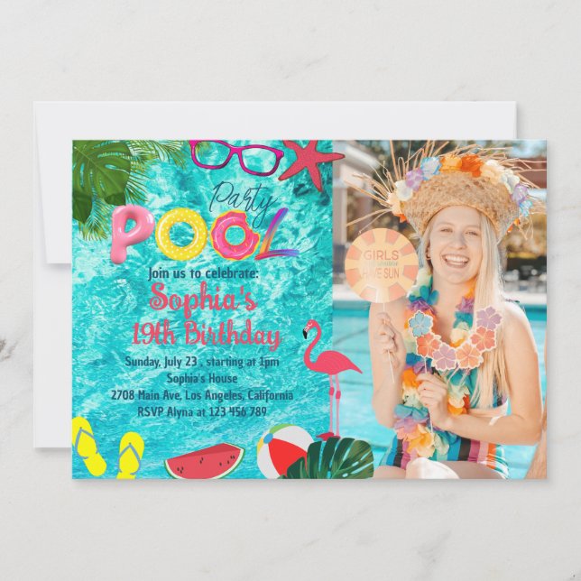 Invitation Fête de la piscine d'été tropicale Anniversaire Ph (Devant)