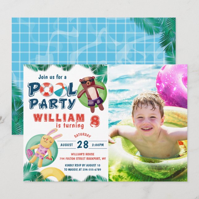 Invitation Fête de la piscine d'été tropicale Anniversaire Ph (Devant / Derrière)