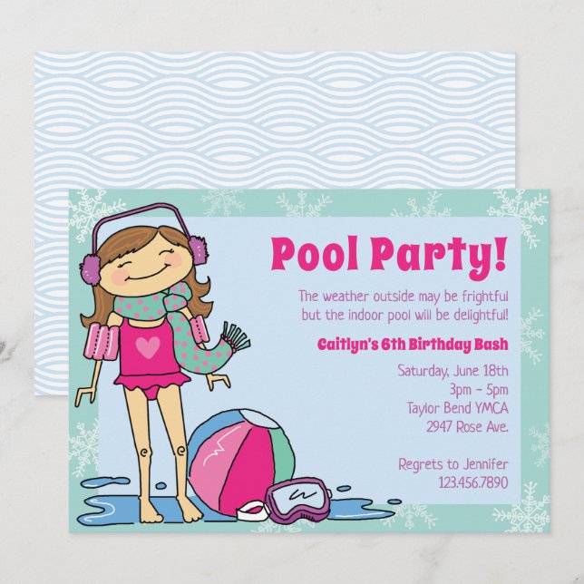Invitation Fête de la piscine d'hiver Brunette Girl Piscine i (Devant / Derrière)