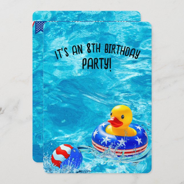 Invitation Fête de la piscine du 8e anniversaire avec canard  (Devant / Derrière)