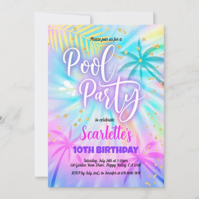 Invitation Fête de la piscine fille Anniversaire Pastel Tie D (Devant)