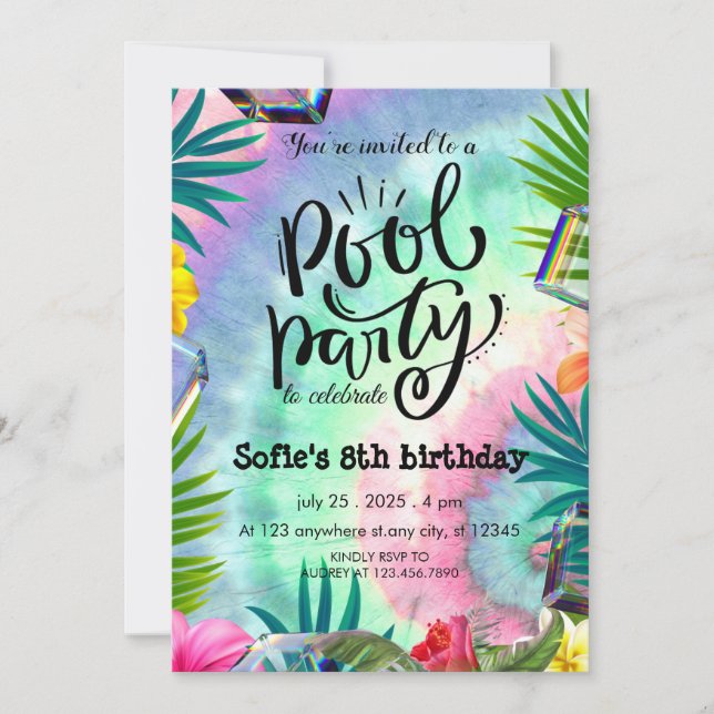 Invitation Fête de la piscine Girly Tie Dye (Devant)