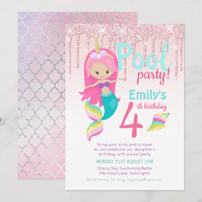 Invitation Fête de la PISCINE Mermaid Purple rose Silver Part (Devant / Derrière)