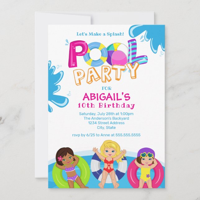 Invitation Fête de la piscine pour filles 10e anniversaire (Devant)