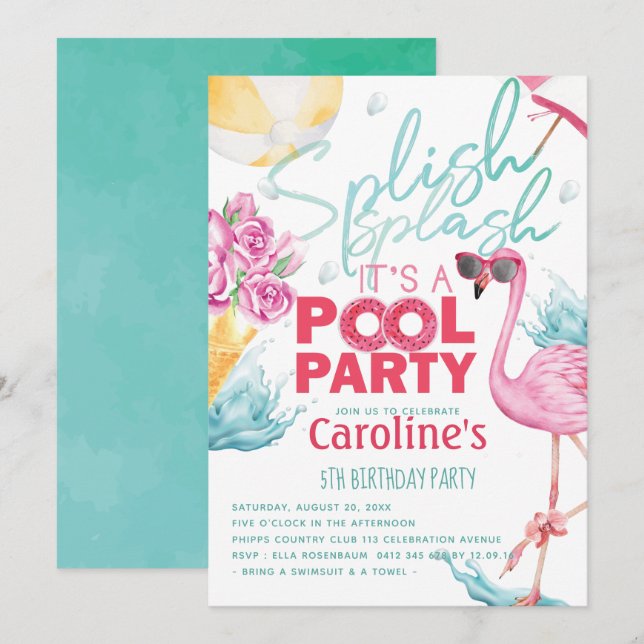 Invitation Fête de la piscine pour filles Anniversaire (Devant / Derrière)