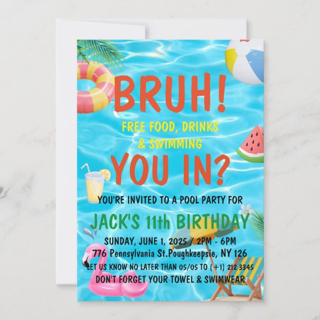 Invitation Fête de la piscine pour garçons de Bruh Anniversai (Devant)