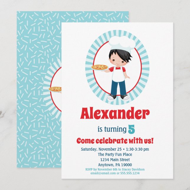 Invitation Fête de la pizza Black Haired Boy (Devant / Derrière)