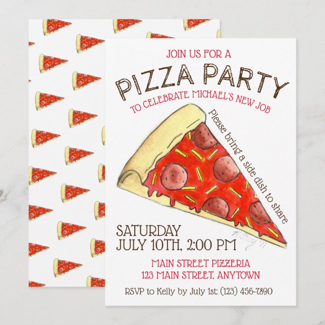 Invitation FÊTE DE LA PIZZA ! Pepperoni Fromage Pizzeria tran (Devant / Derrière)
