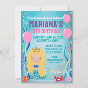 Invitation Fête de la Princesse Sirène (cheveux blonds)
