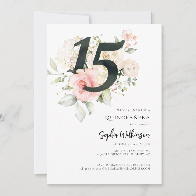 Invitation Fête de la Quinceanera à fleurs roses (Devant)