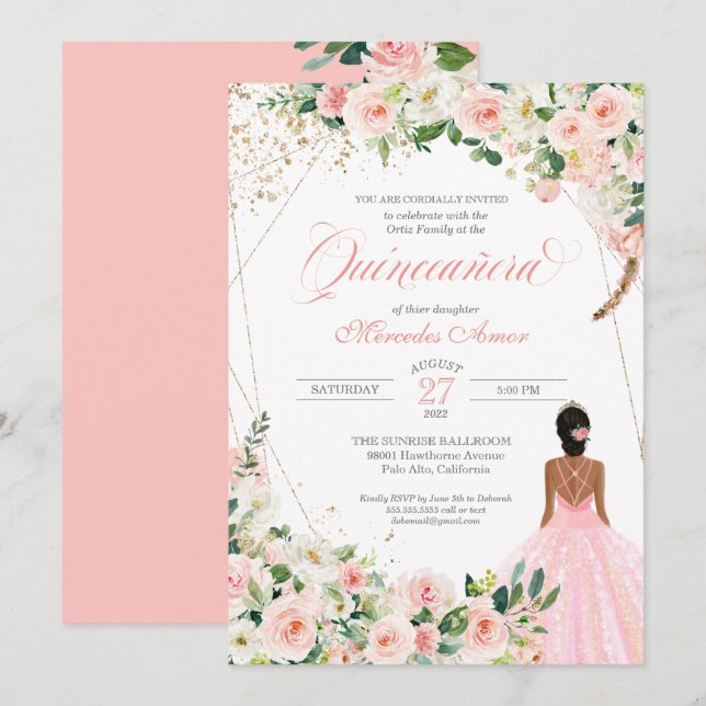 Invitation Fête de la Quinceanera Florale Roses Roses Roses R (Devant / Derrière)