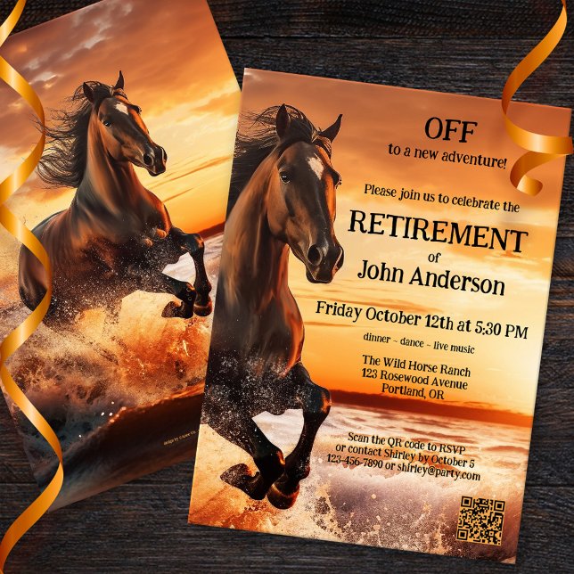 Invitation Fête de la retraite côtière Wild Horse Freedom (Retirement party invitation featuring a painting of a wild running horse on the beach. )