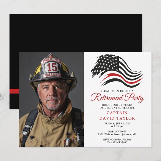 Invitation Fête de la retraite des pompiers Mince ligne rouge (Devant / Derrière)