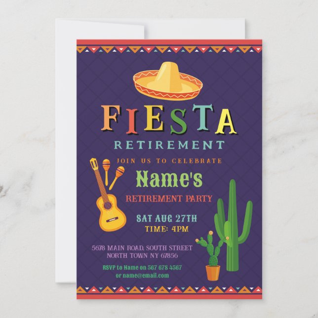 Invitation Fête de la retraite Fiesta Mexicaine Cactus Guitar (Devant)