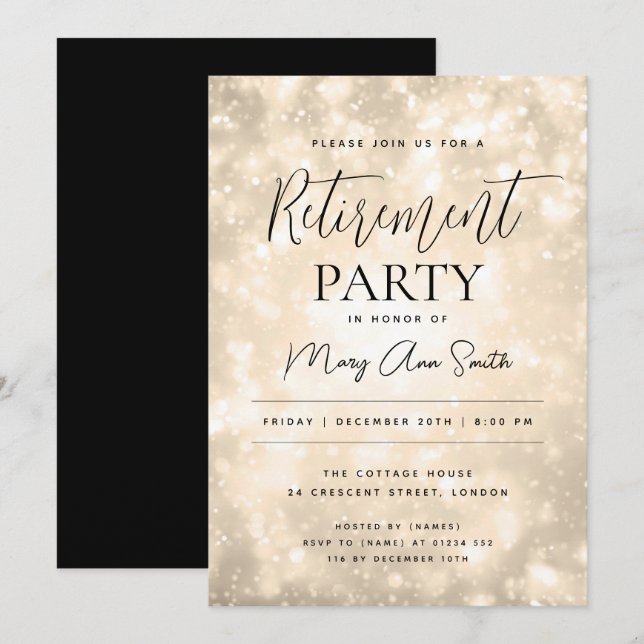 Invitation Fête de la retraite Glam Gold Champagne Sparkles (Devant / Derrière)