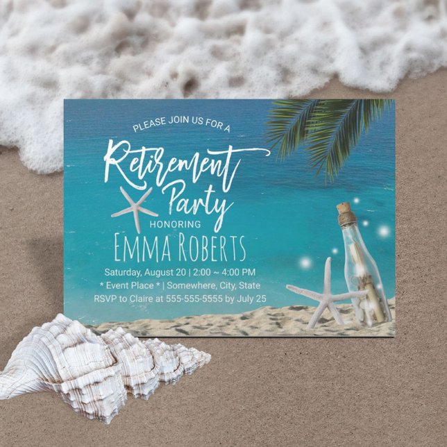 Invitation Fête de la retraite Tropical Starfish Beach Bottle (Créateur téléchargé)