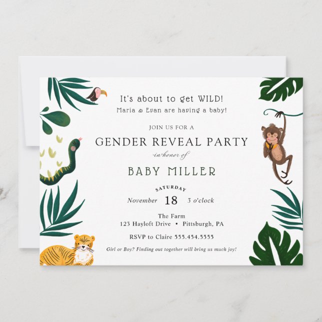 Invitation Fête de la Révélation de genre du bébé de la jungl (Devant)