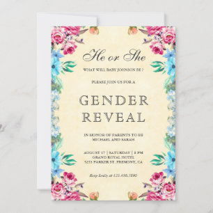 Invitation Fête de la Révélation de genre vintage bleu et ros