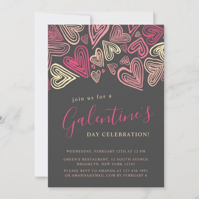 Invitation Fête de la Saint-Galentin moderne gris et rose (Devant)