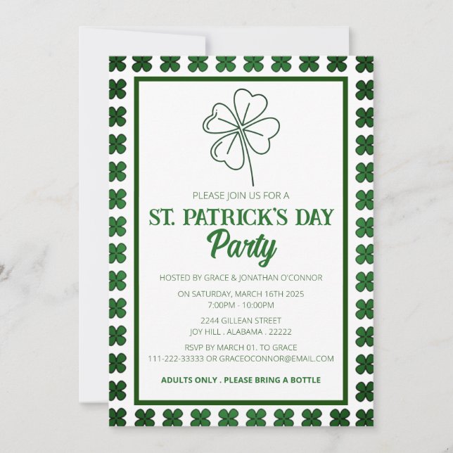Invitation Fête de la Saint-Patrick Shamrock Vert Élégant (Devant)