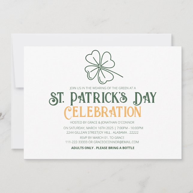 Invitation Fête de la Saint-Patrick Trèfle Vert et Blanc (Devant)